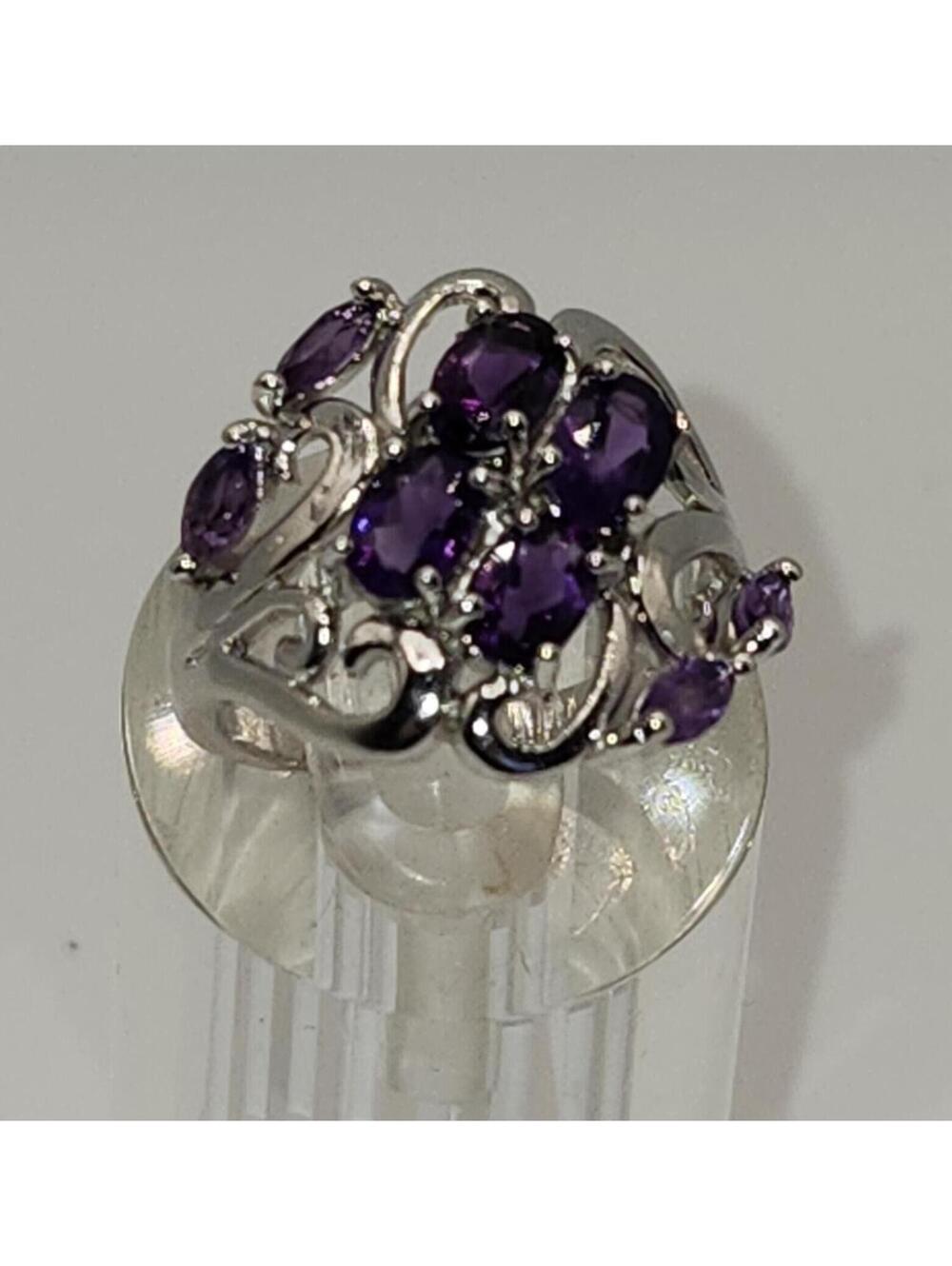 NEW Sterling Silver Amethyst Marquise Ring with Beautiful Scrollwork. Size 7